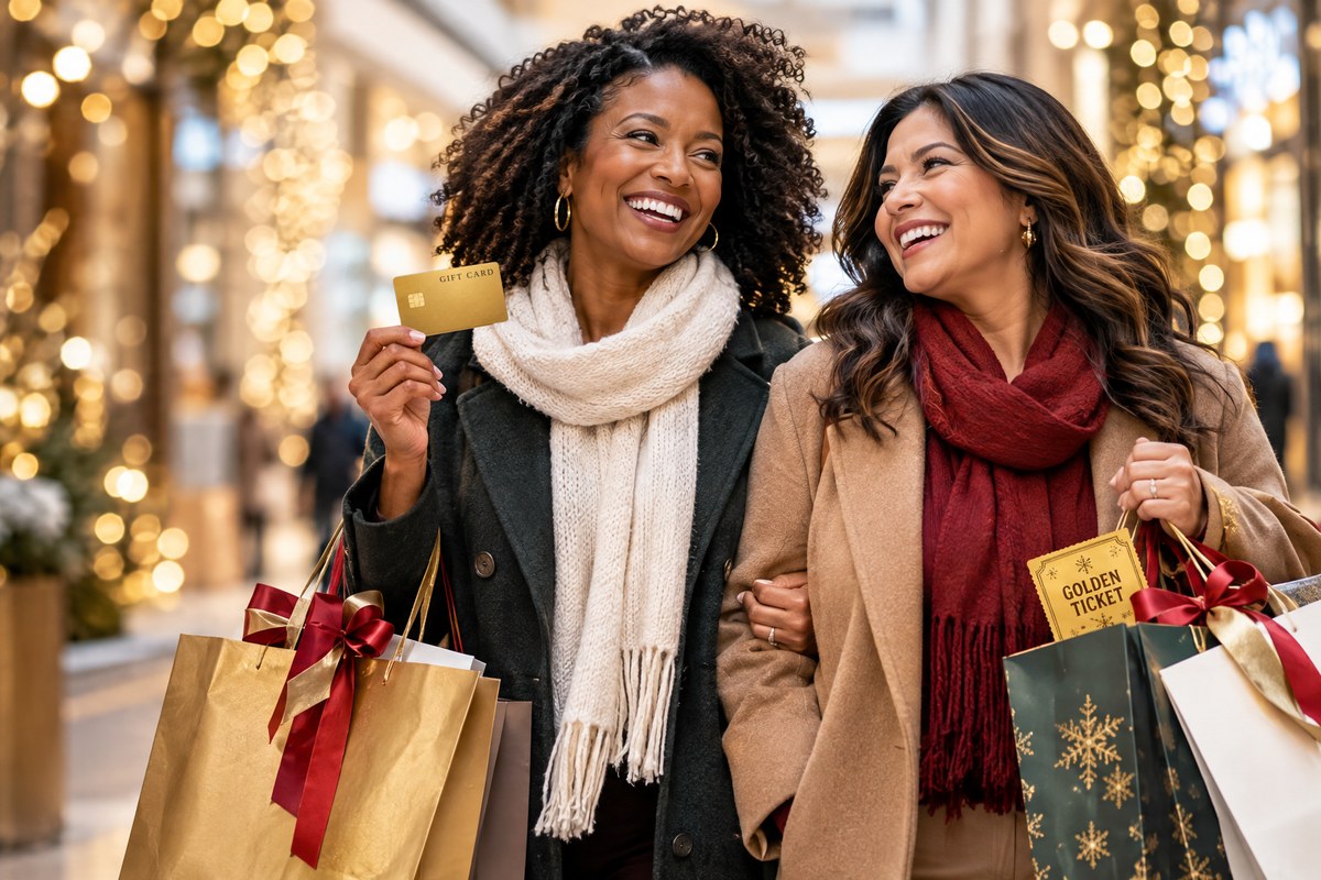 Two smiling friends shopping at a holiday-decorated mall, one holding a gold gift card